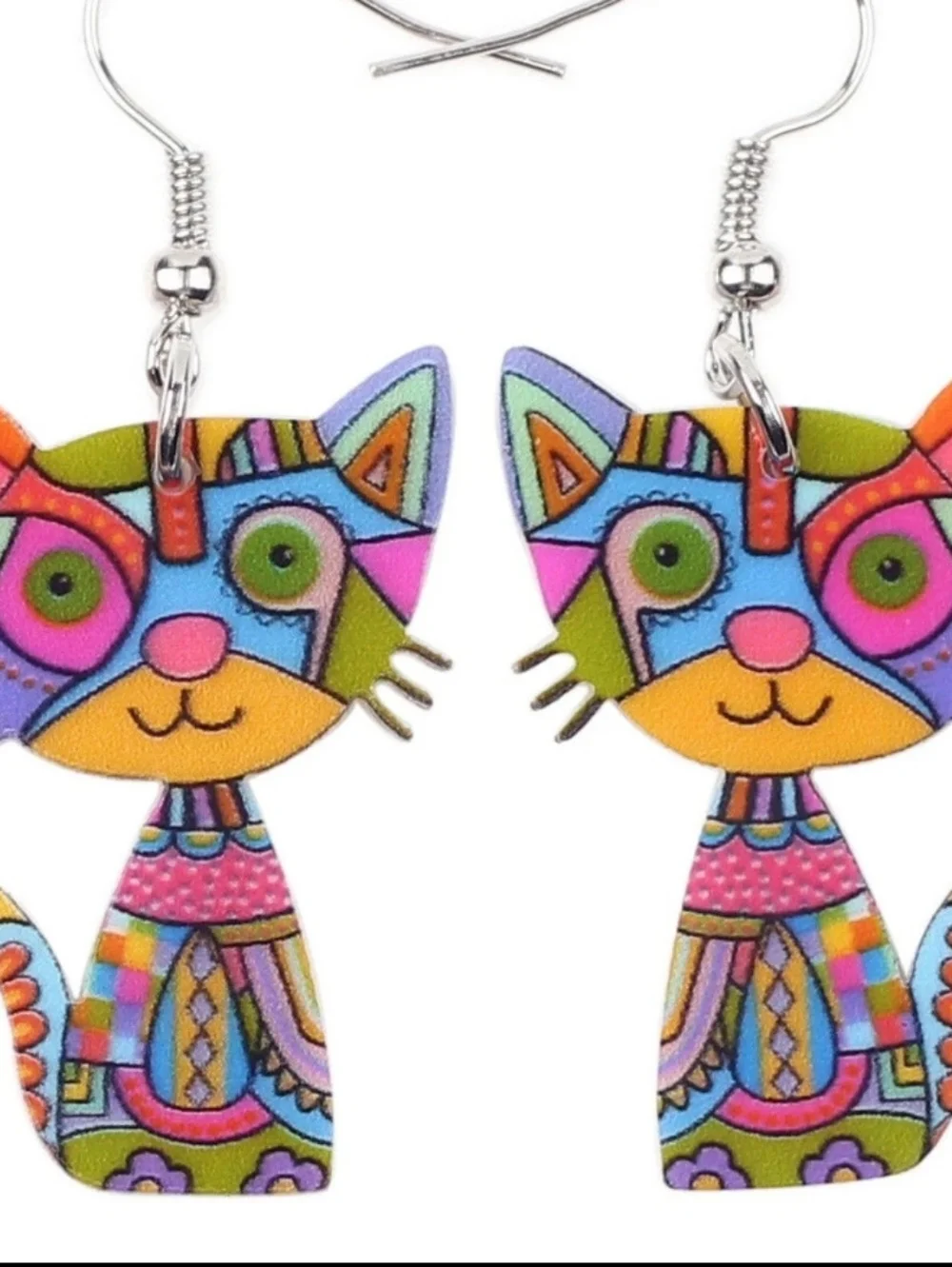 Whimsical Multicolor Cat Dangle Earrings - Picture 3 of 7